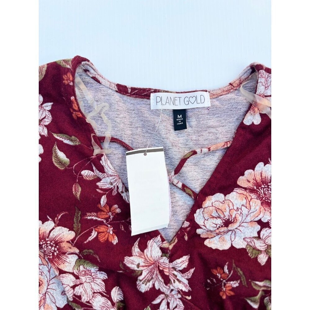PLANET GOLD Women's Red Zinfandel Floral Long Sleeve Dress Size M Crisscross V-N - Picture 2 of 14